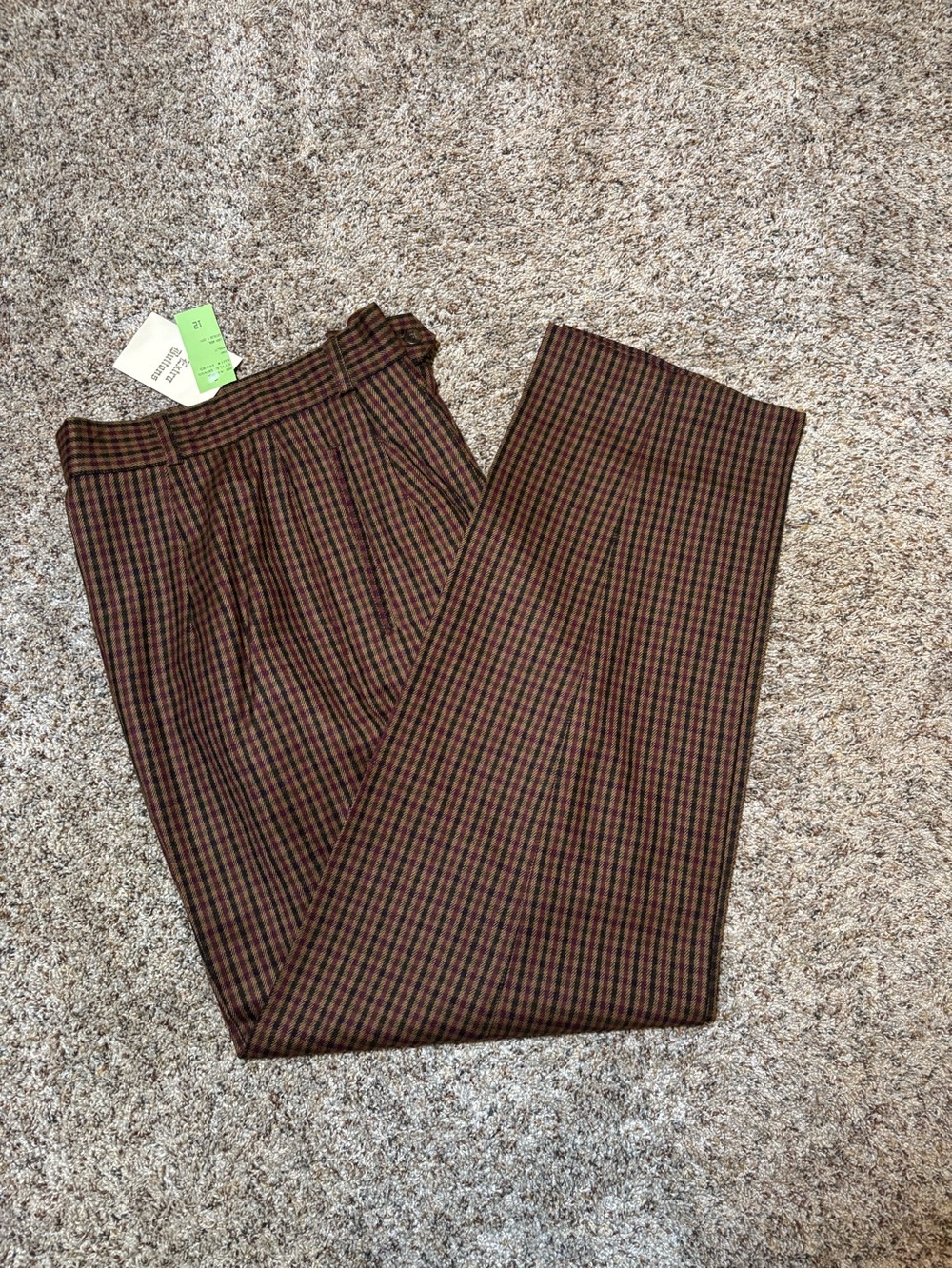 321. Unbranded Brown Houndstooth Plaid Wool Pants, Size 12, NWT